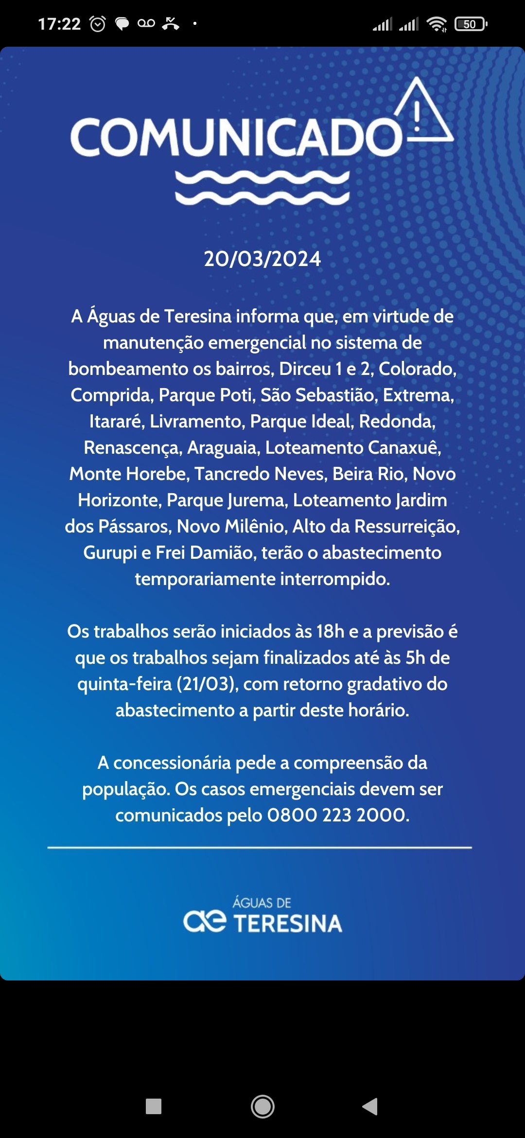 Sistema de abastecimento quebrar e bairros do Dirceu ficarão sem água nesta quarta-feira (20)